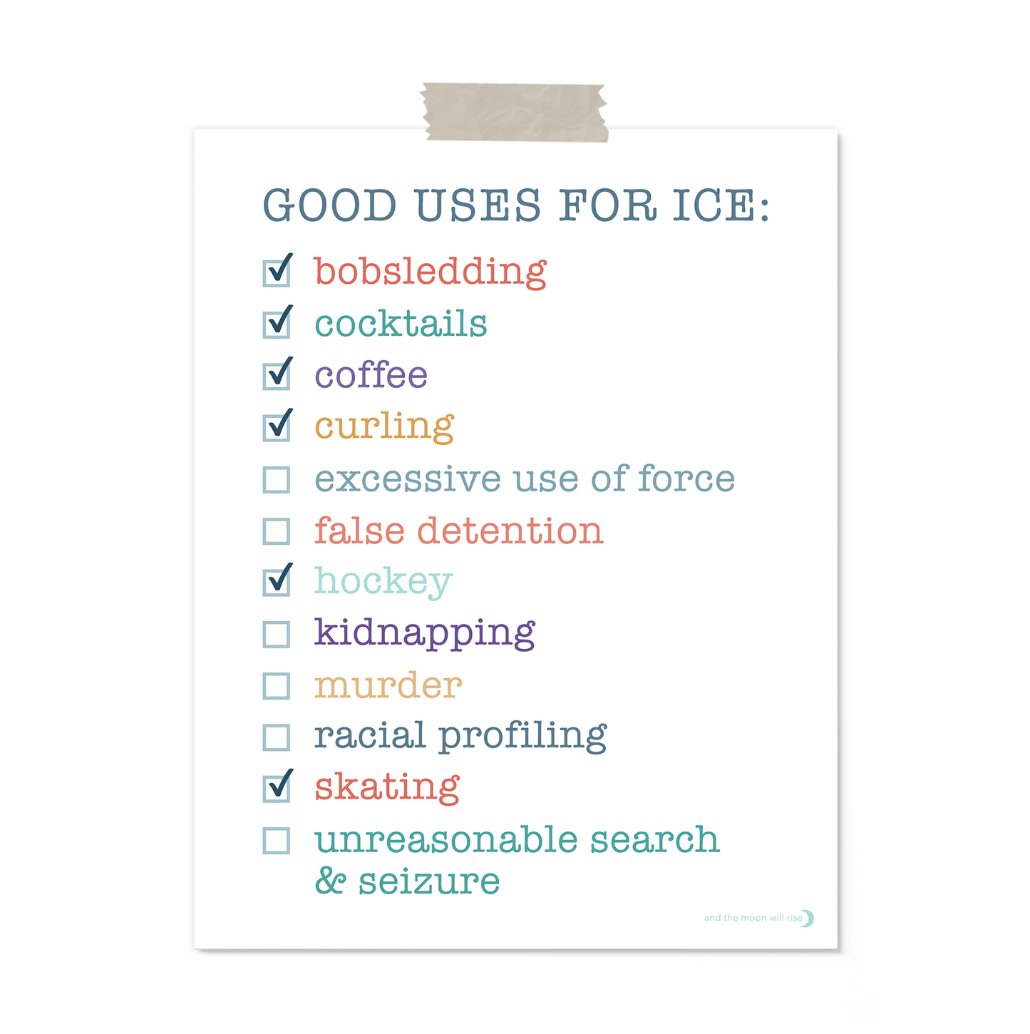 11x14 inch print of 'Good Uses for Ice' with list and checkboxes on a white background