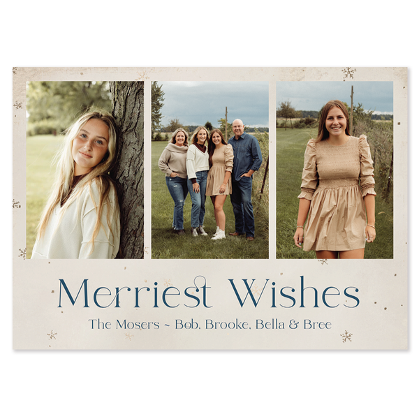 Merriest wishes holiday photo card; 5" x 7" horizontal orientation; 3 rectangular photos on front; fully customizable back