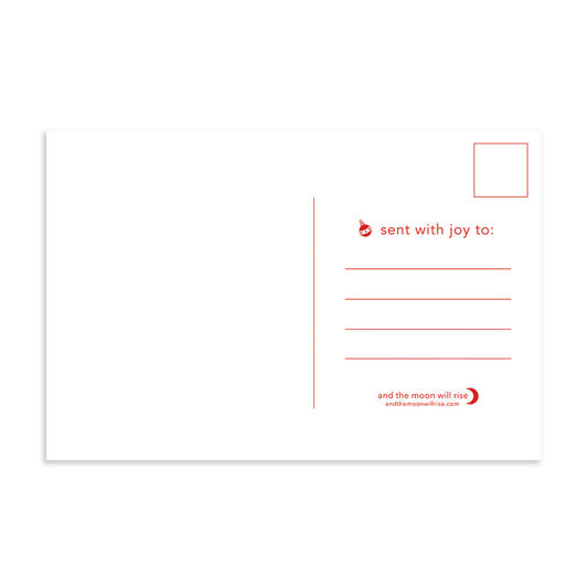 Back of Menty B holiday postcard; blank left side for handwritten message; space for address and stamp on right; red color