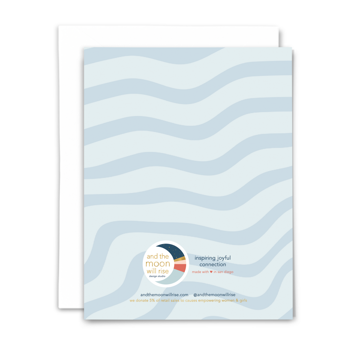 Back of greeting card with light blue waves and colorful logo on white background