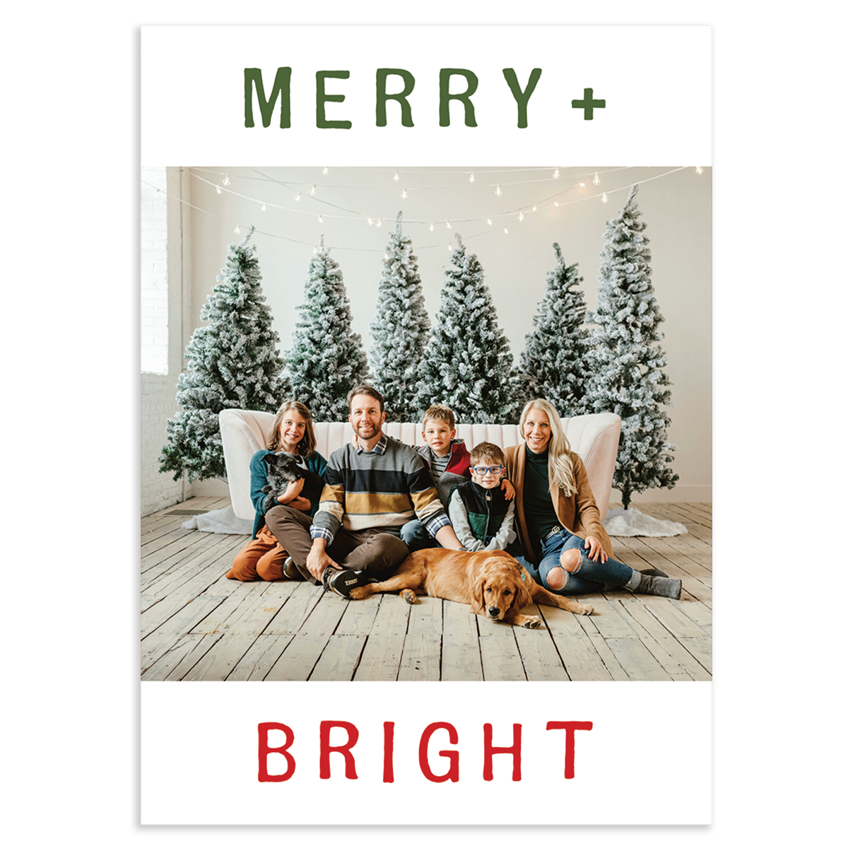 Custom holiday card with single landscape photo with 'merry + bright' in green and red on white background