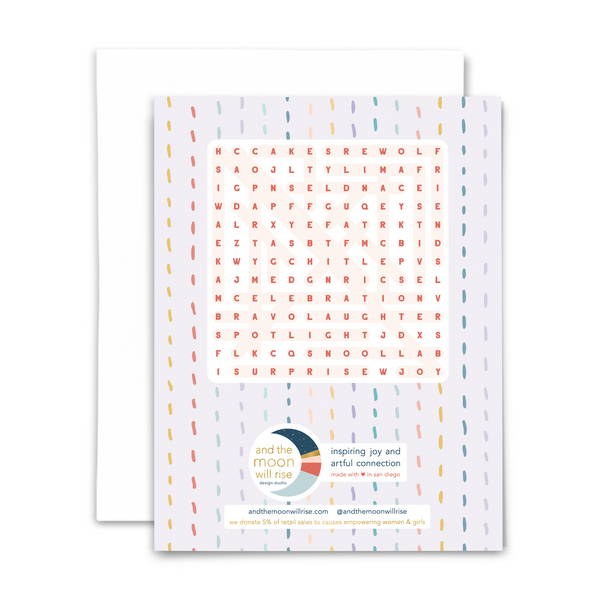 Back of birthday word search greeting card with answers for 24-word word search; with white envelope