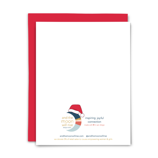 Back of holiday greeting card with Santa hat on logo on white background with red envelopes