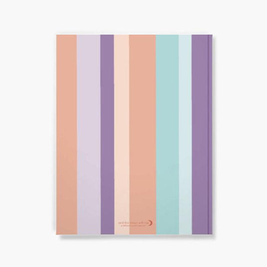 Back cover of unlined 72-page notebook with soft touch cover; thick vertical stripes in shades of pink, mint and purple