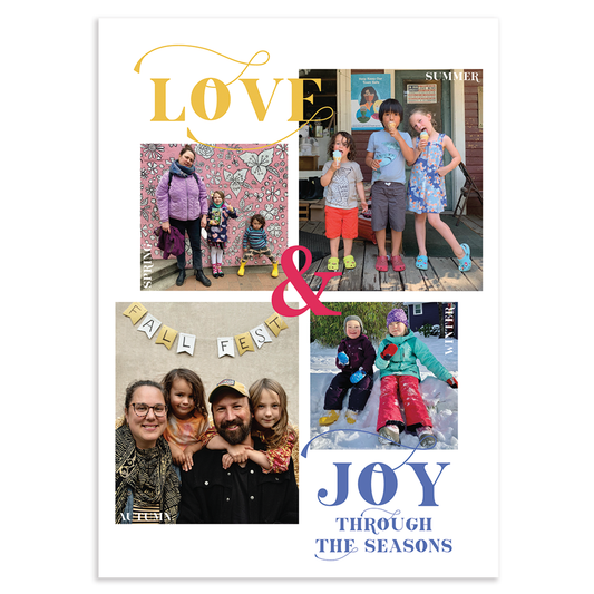 Custom holiday photo card with 4-photo vertical grid on white background