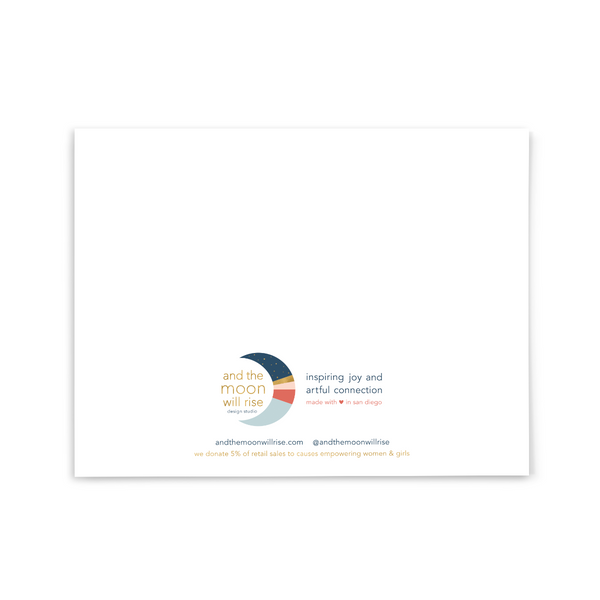 Back side of blank birthday card and the moon will rise logo