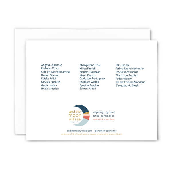 Back side of blank birthday card with translation of thank you in 23 languages with and the moon will rise logo