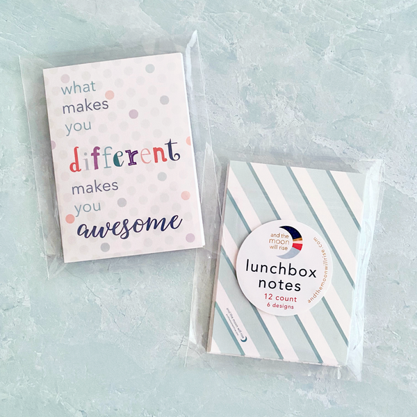 Packaged Lunchbox Notes; set of 12 mini 2.5" x 3.5" flat cards, 2 of each kid-friendly and motivational design; in pinks, teals, blues, and purples