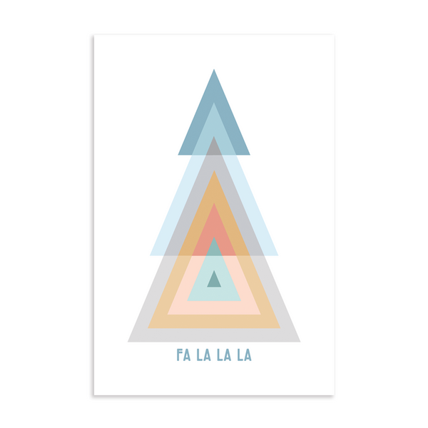 Fa la la la holiday postcard; modern color-blocked tree; 6" x 4" vertical orientation; pastel colors with blue font