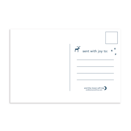 Back of Warmest wishes, cozy watercolor holiday postcard; blank left side for handwritten message; space for address and stamp on right; navy color