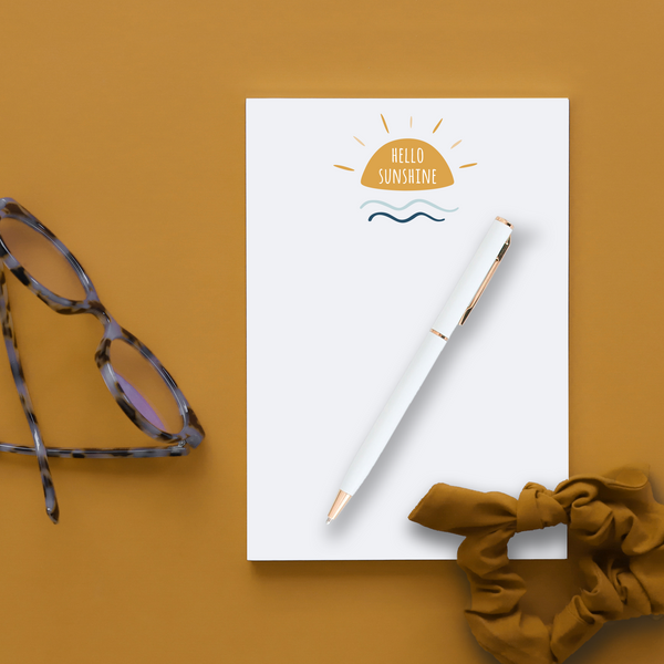 Hello Sunshine; 10 flat notecard set with envelopes; yellow sun with blue waves underneath; shown on mustard colored background