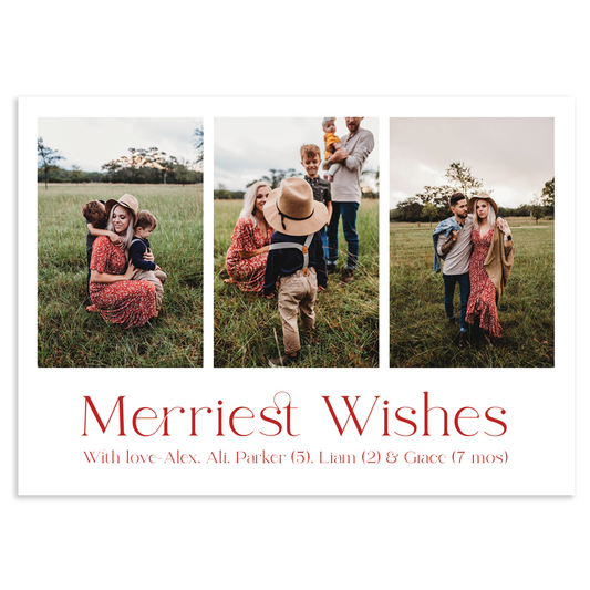 Merriest wishes holiday photo card; 5" x 7" horizontal orientation; 3 rectangular photos on front; fully customizable back
