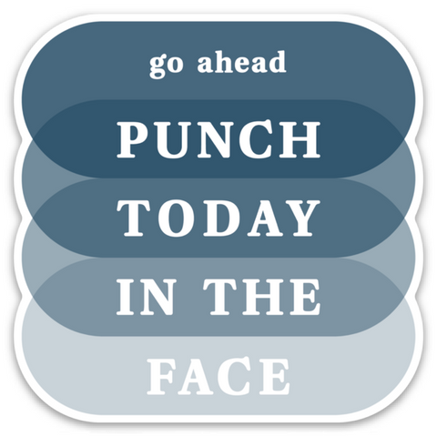 3" diecut magnet "go ahead punch today in the face" in white text atop layered ovals in shades of blue with white border