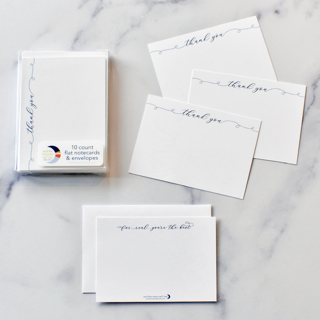 Thank you, for real...you're the best; 10 flat notecard set with envelopes; navy script font on white