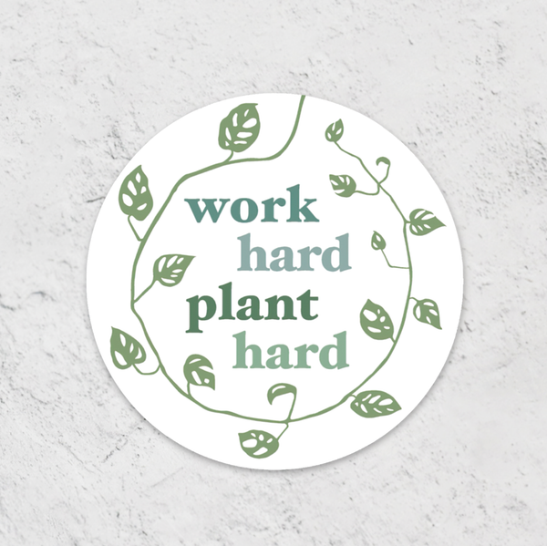 3" round vinyl waterproof durable sticker with monstera vine and green font "work hard plant hard" on gray background