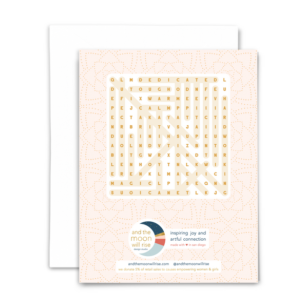 Back of best nurse word search greeting card with answers for 24-word word search; with white envelope