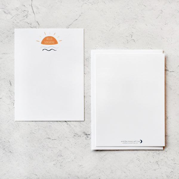 Hello Sunshine; 10 flat notecard set with envelopes; yellow sun with blue waves underneath