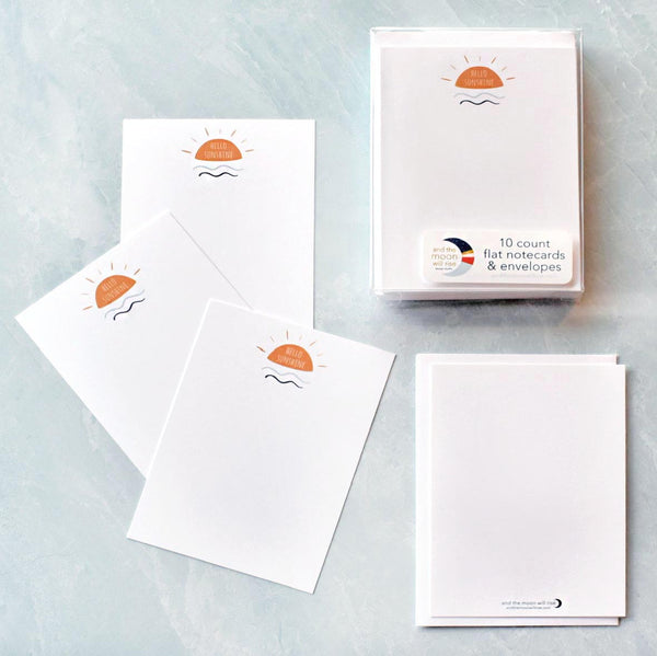 Hello Sunshine; 10 flat notecard set with envelopes; yellow sun with blue waves underneath