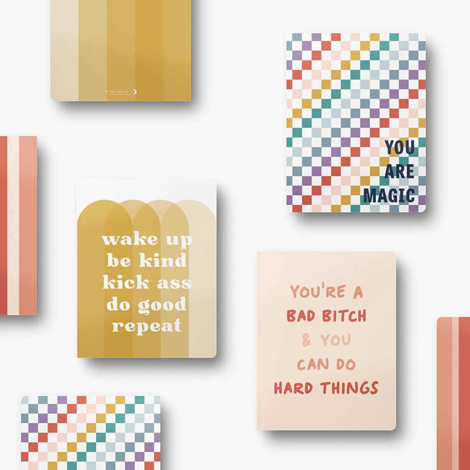 8.5x11 notebook collection with 72 pages of dot-grid bleed proof paper and lux soft touch covers in bright colors and fun prints