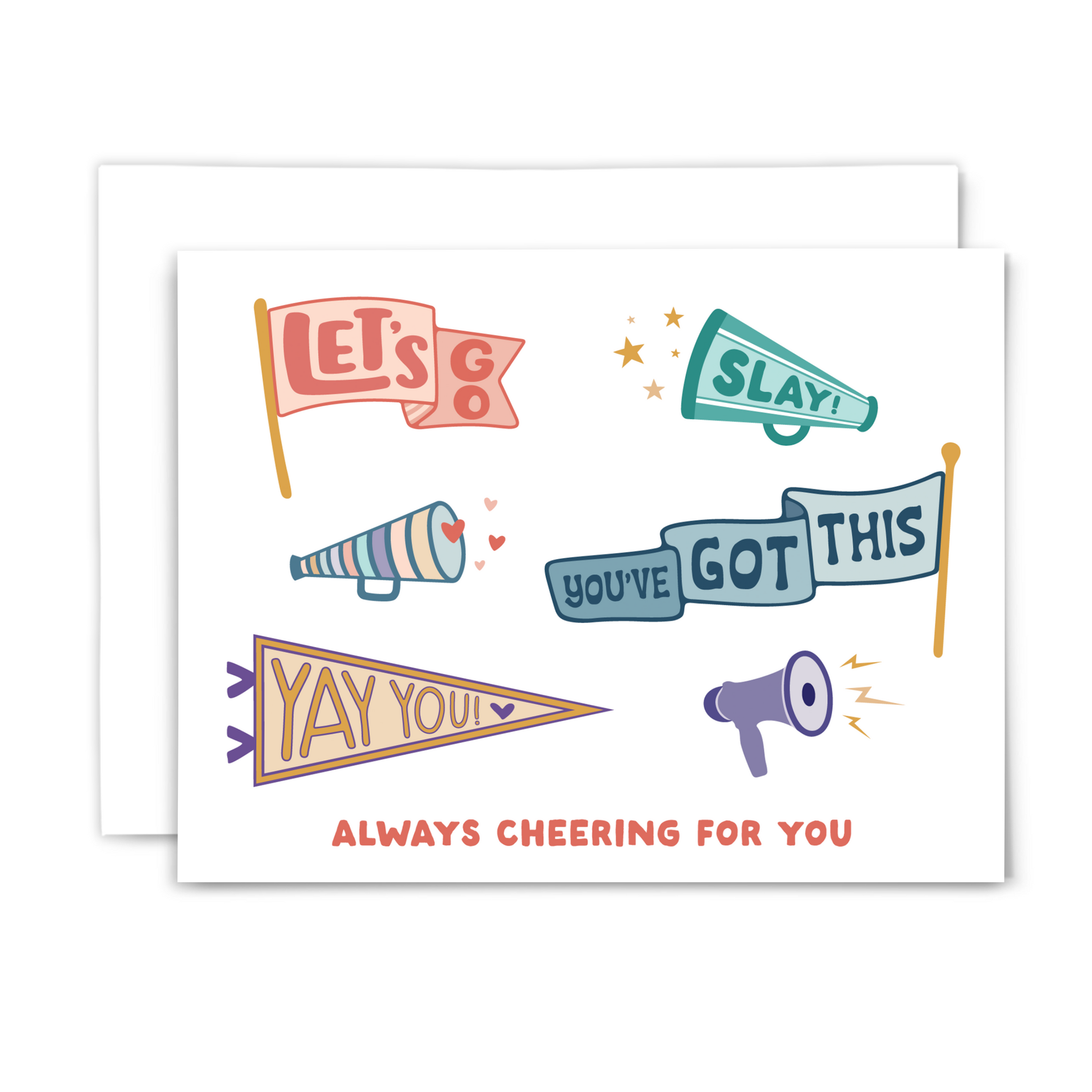 Encouragement greeting card with banners and megaphones expressing support with coral text, "always cheering for you"