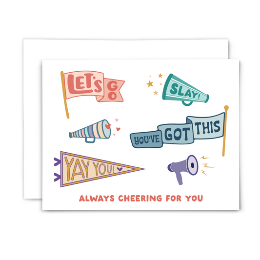 Encouragement greeting card with banners and megaphones expressing support with coral text, "always cheering for you"