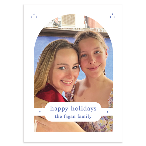 Happy holidays custom photo card; 7" x 5" vertical orientation; single arch with banner; fully customizable back
