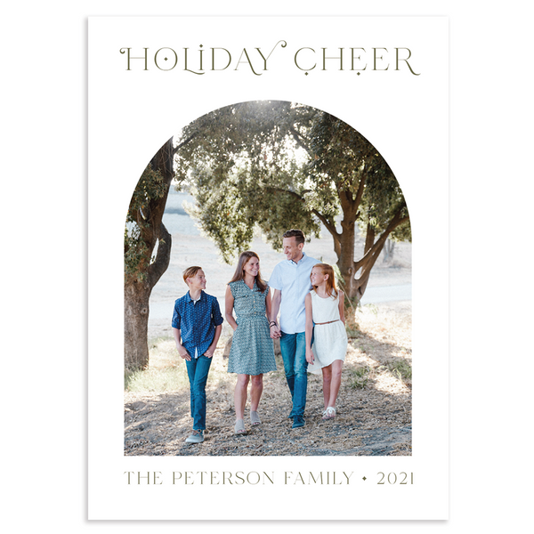 Holiday cheer custom photo card; single vertical arch with olive text band on front; 7" x 5" vertical orientation; fully customizable back