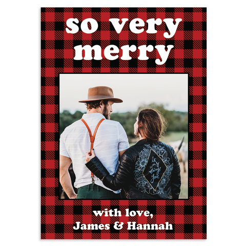 Custom holiday photo card with buffalo plaid background; so very merry in white lettering