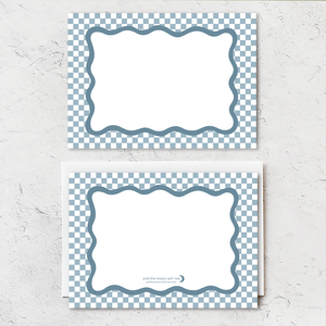 Set of 10 flat notecards with white envelopes; blue and white checkerboard and blue scallop surrounds writeable white space in middle