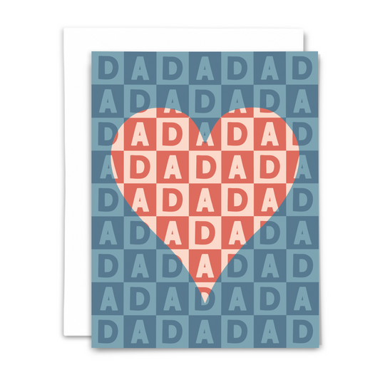 Greeting card and white envelope with checkered background in shades of blue spell out dad with coral and blush heart in the middle