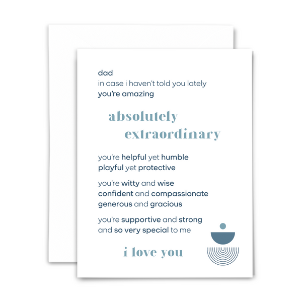 A white greeting card with a geometric design and a message to a dad expressing love and admiration. The card is accompanied by a white envelope.