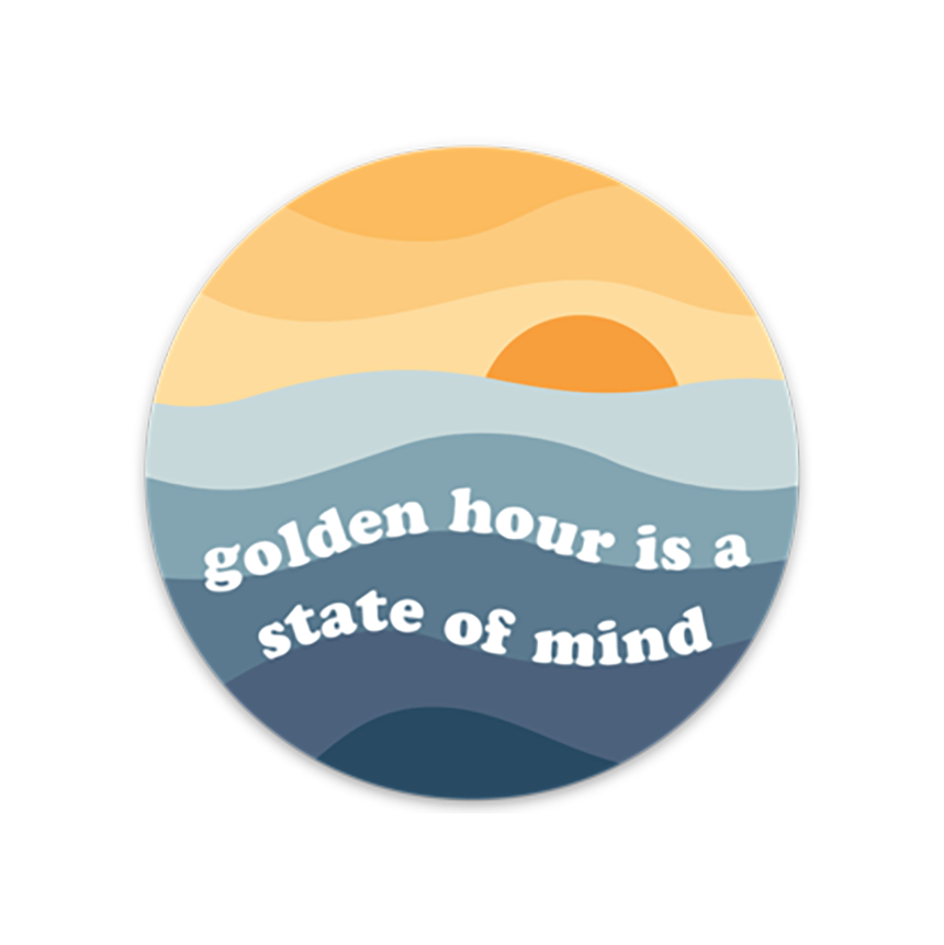 3" round with sunset design and text 'golden hour is a state of mind' on a white background