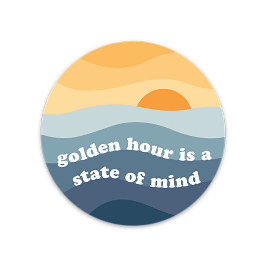 3" round with sunset design and text 'golden hour is a state of mind' on a white background