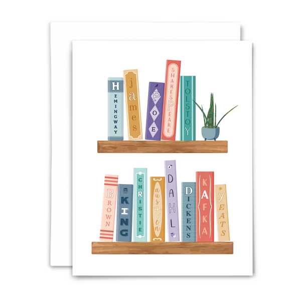 Illustration of two floating wooden bookshelves with books and a plant on a white background. Letters from the authors' name spell out happy birthday
