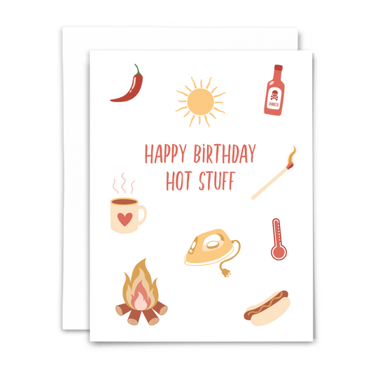 Happy birthday hot stuff in coral, handwritten font surrounded by illustrations of a sun, hot sauce, coffee mug, hot dog, match, iron, thermometer chili pepper and campfire on a white background.