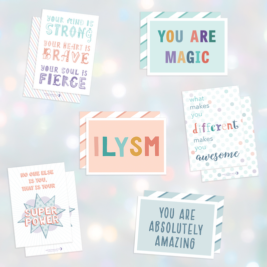 Lunchbox Notes; set of 12 mini 2.5" x 3.5" flat cards, 2 of each kid-friendly and motivational design; in pinks, teals, blues, and purples