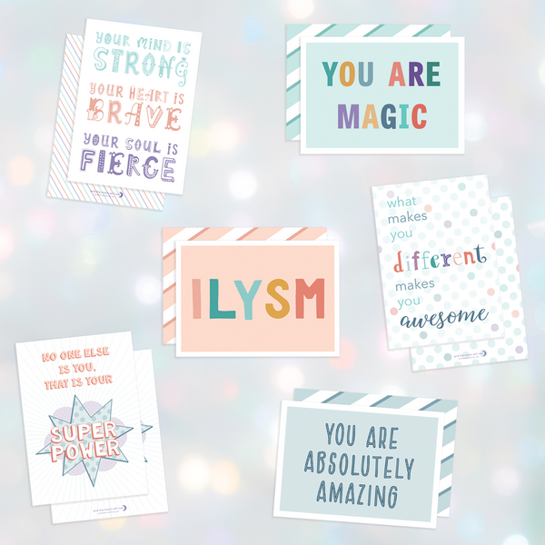Lunchbox Notes; set of 12 mini 2.5" x 3.5" flat cards, 2 of each kid-friendly and motivational design; in pinks, teals, blues, and purples