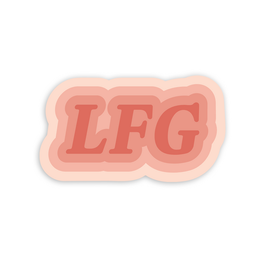 3.25" wide diecut vinyl sticker with text 'LFGT' in coral font
