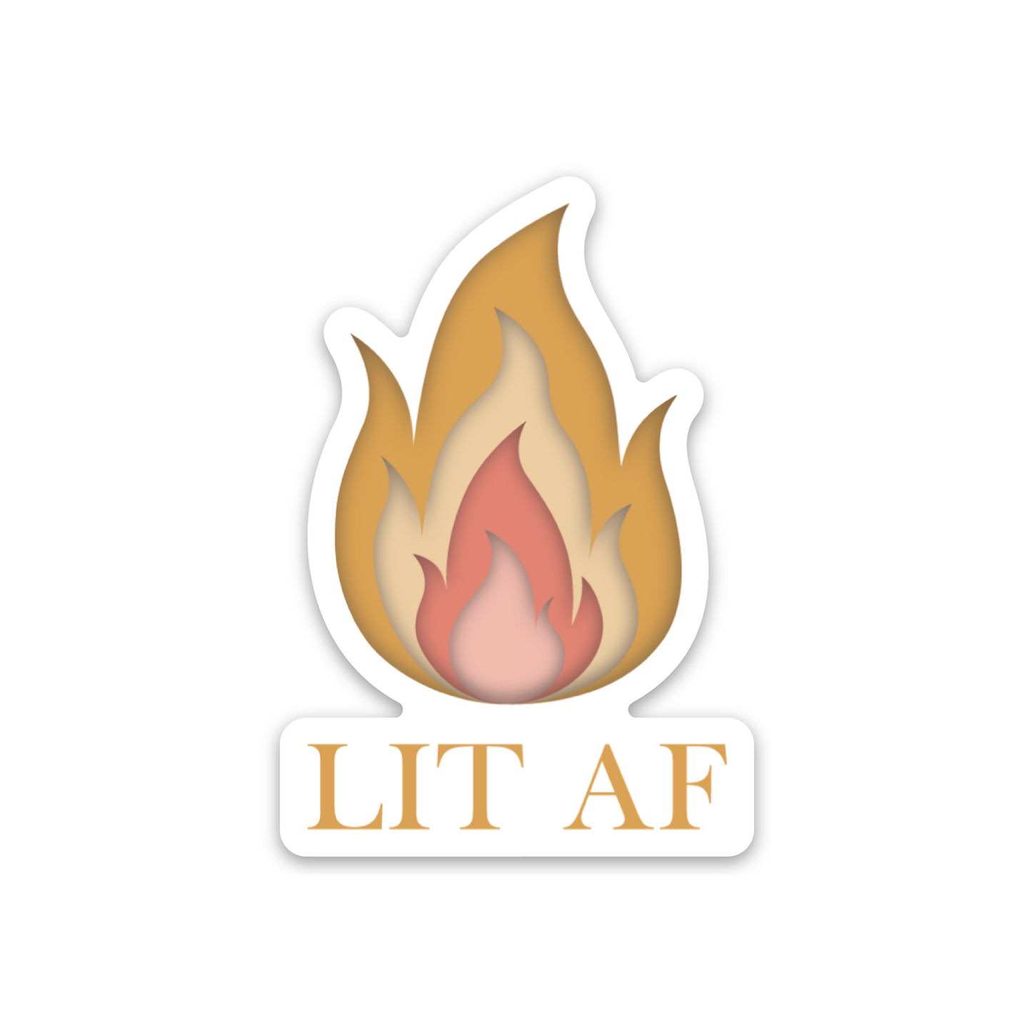 2.5"L Mustard, light gold, coral, and light pink flame-shaped vinyl sticker with text 'LIT AF' in mustard with white die-cut border