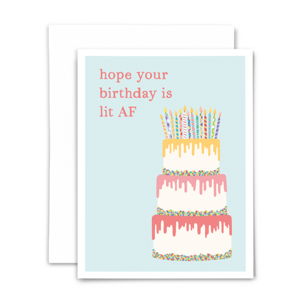 Funny birthday card with text "hope your birthday is lit AF" in pink font with three layer cake and lots of lit candles on blue background with white envelope