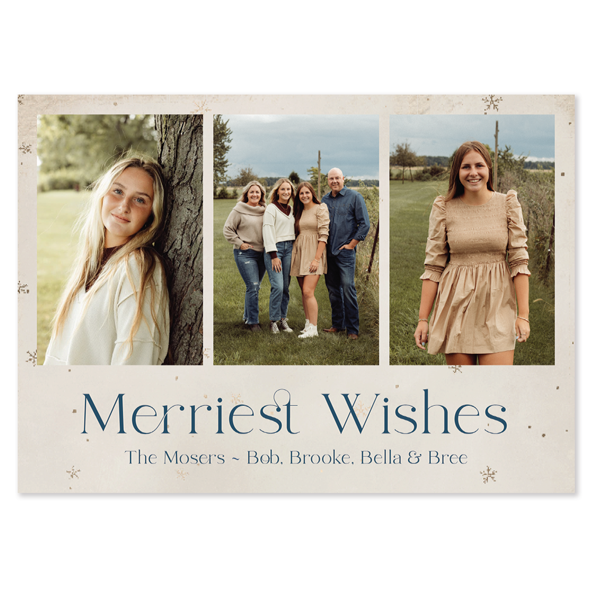 Merriest wishes holiday photo card; 5" x 7" horizontal orientation; 3 rectangular photos on front; fully customizable back