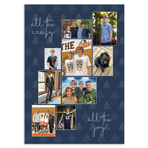 Custom holiday card with collage of 9 photos with text 'all the crazy' and 'all the joy' on a blue Christmas tree background