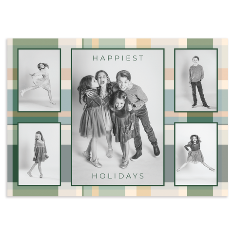 Happiest holidays photo card; 5" x 7" horizontal orientation; 5 photos on front with sans serif font on green and gold plaid background; fully customizable back