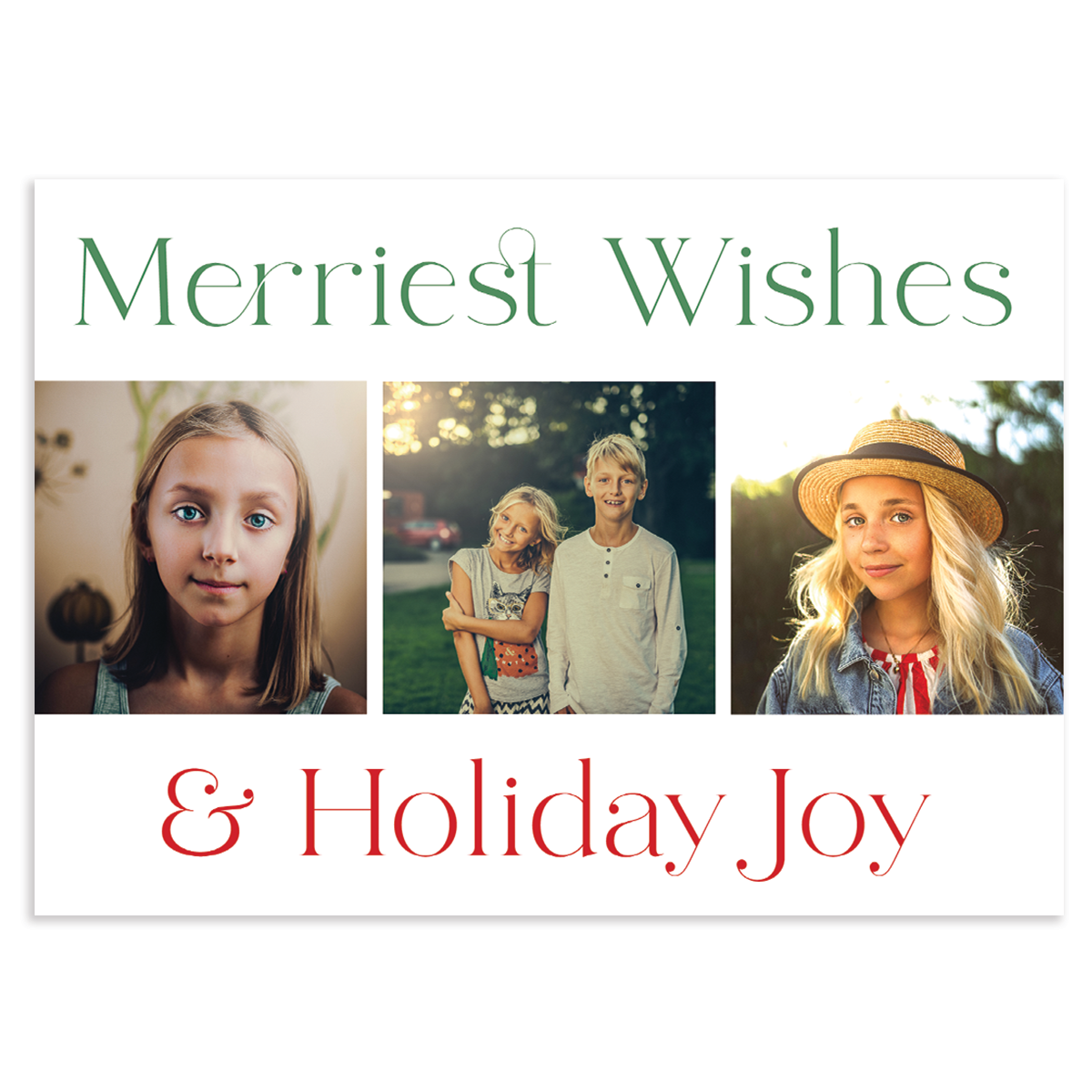 Custom holiday photo card with 'Merriest Wishes & Holiday Joy' text and three square images aligned horizontally