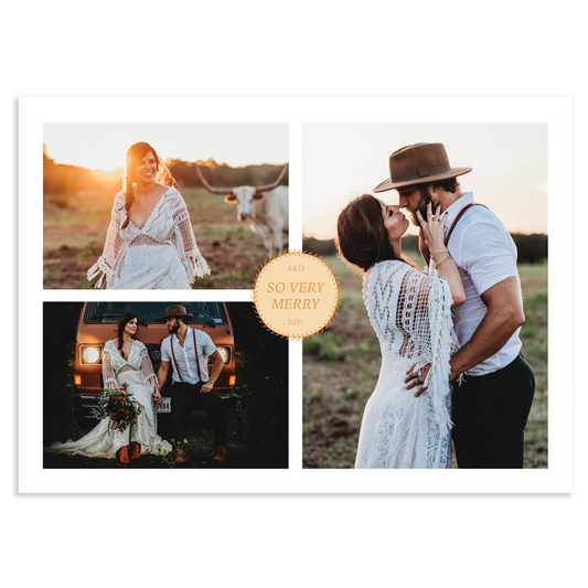 Custom holiday photo card with three photos in horizontal orientation with center circle and text 'so very merry' in middle