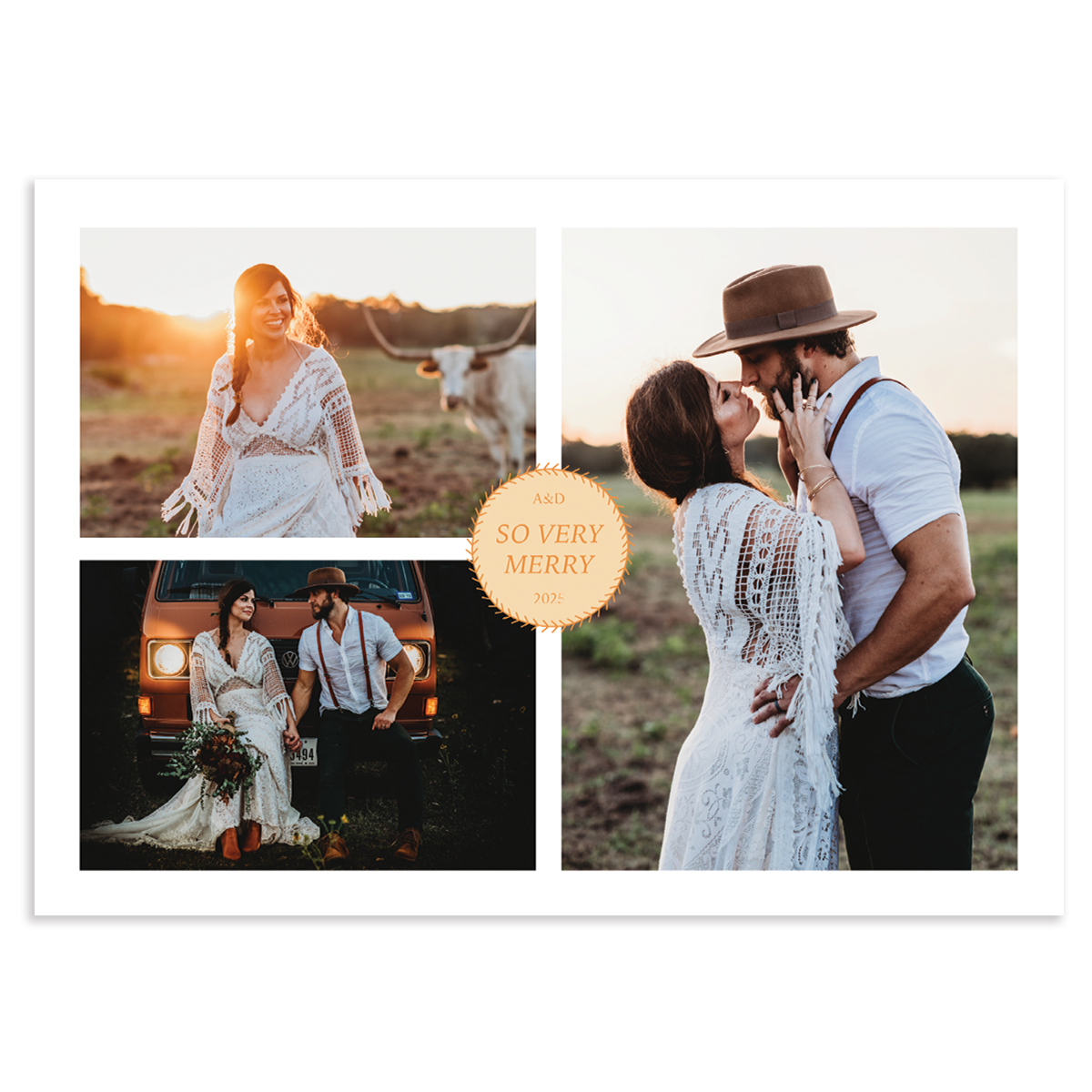 Custom holiday photo card with three photos in horizontal orientation with center circle and text 'so very merry' in middle