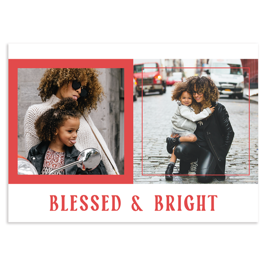 Custom holiday photo card with two square photos in colorful borders set in horizontal orientation with text 'blessed & bright' below on white background