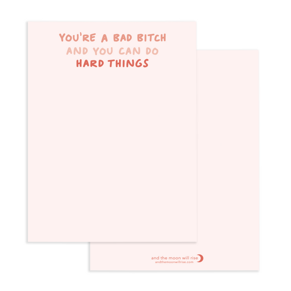 You're a bad bitch and you can do hard things in handwritten coral font on pink background; 10 flat notecard set with envelopes