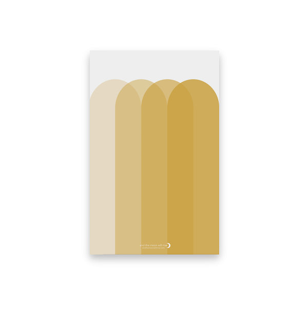 Back cover of dot grid pocket notebook with 4 overlapping vertical arches in various shades of gold