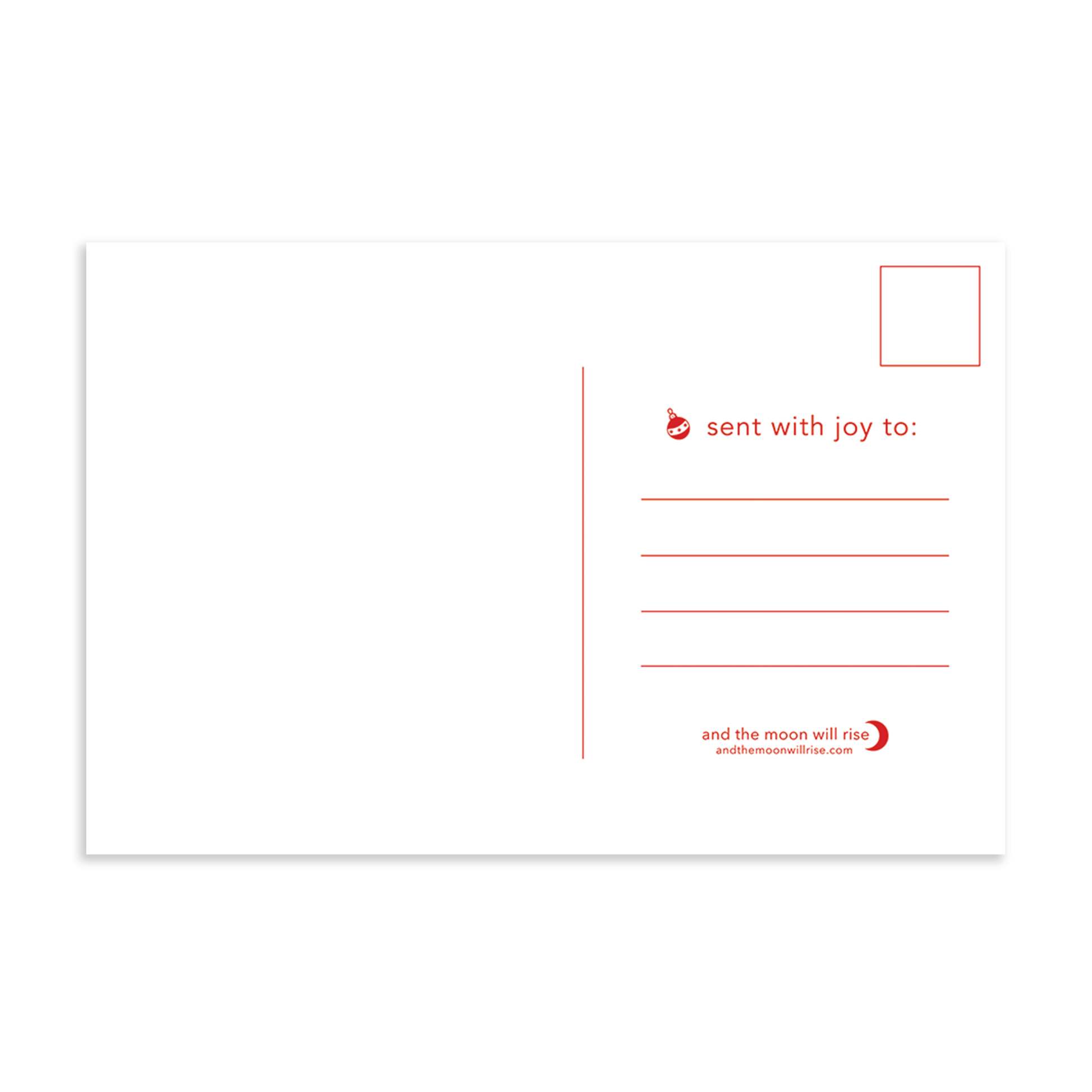 Back of Menty B holiday postcard; blank left side for handwritten message; space for address and stamp on right; red color